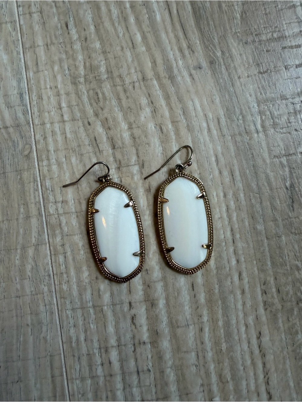 White Oval Kendra Scott Earrings with Gold Trim - Women Jewelry